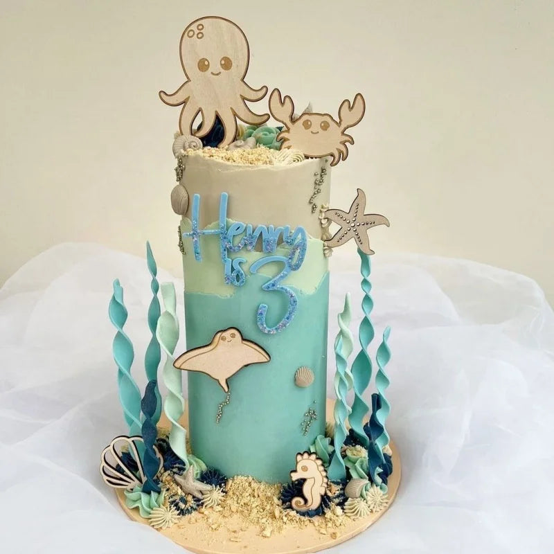 New Arrival Summer Ocean Themed Wood Cake Topper Set Customizable Size Birthday Party Cake Decorating Supplies