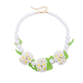 White Flower Choker Necklace Beads Chain Green Leaves Women Choker Neck Chain Jewelry for Party