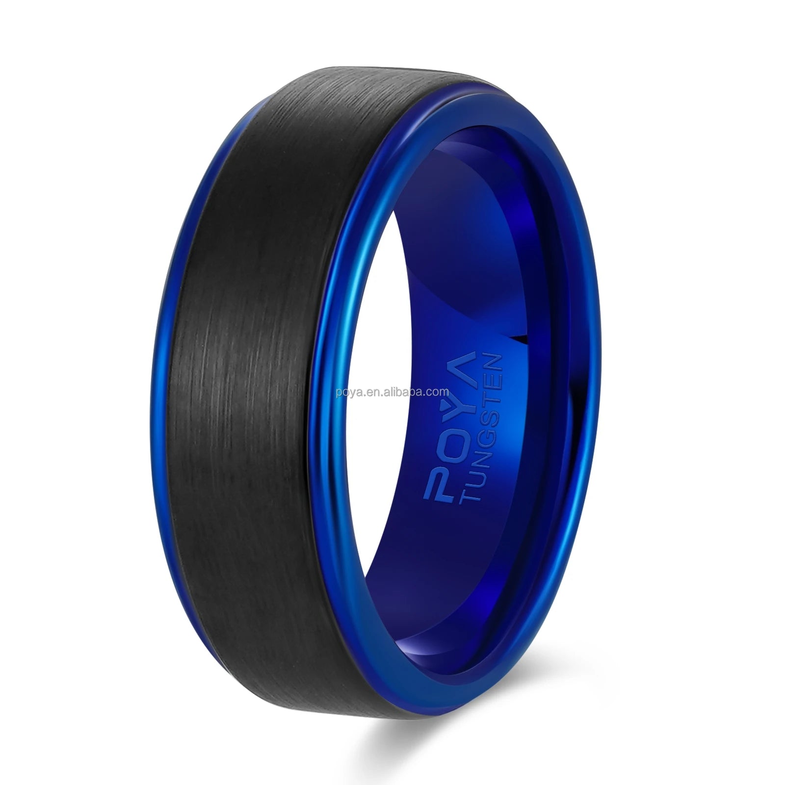 POYA Black and Blue Plated Tungsten Ring Steped Edges for Mens Wedding Ring