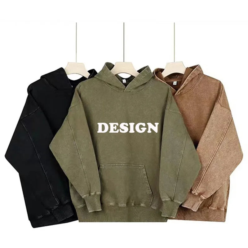 Custom Unisex Men Pullover Blank Heavyweight Drop Shoulder Oversized Distressed Vintage Stone Acid Wash Hoodies Without String