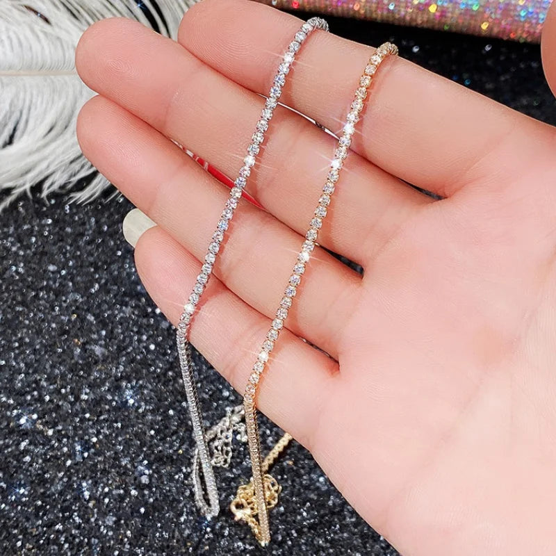 CAOSHI 2mm White Crystal Cubic Zirconia 16 Inch Silver Gold Plated Zircon Choker Sweater Tennis Chain Ladies Necklace for Women