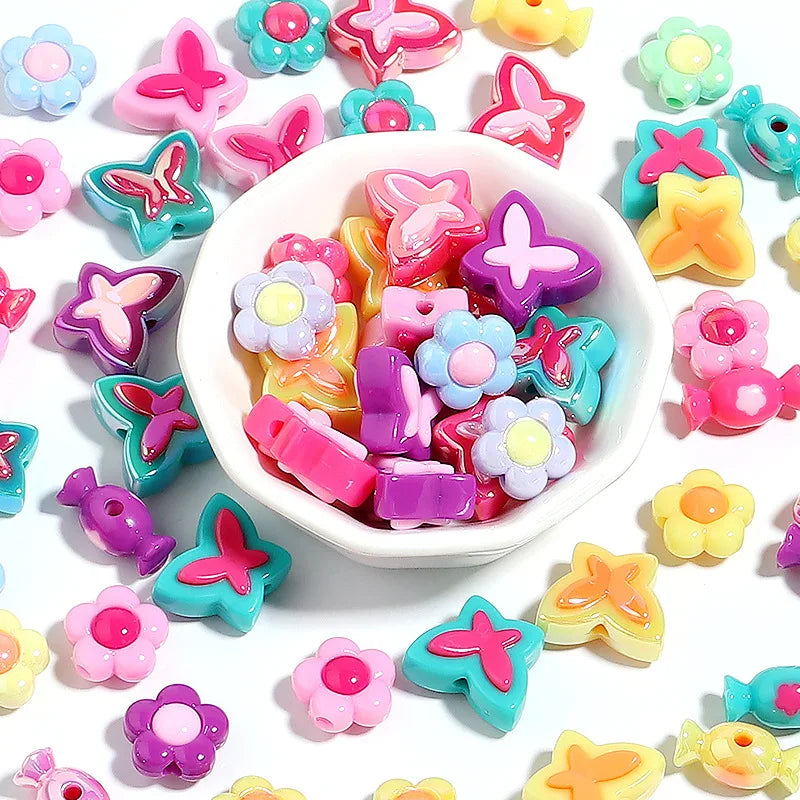 Cartoon Color Plated Acrylic Loose Beads Two Colors Butterfly Flower Candy Star Heart Round Beads DIY Mobile Phone Chain