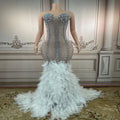 Diamond Luxury Stage Show Dress Feather Sexy Women Pearls Sequins Tassel Sexy Mesh Rhinestone Party Dress Woman Show Dresses