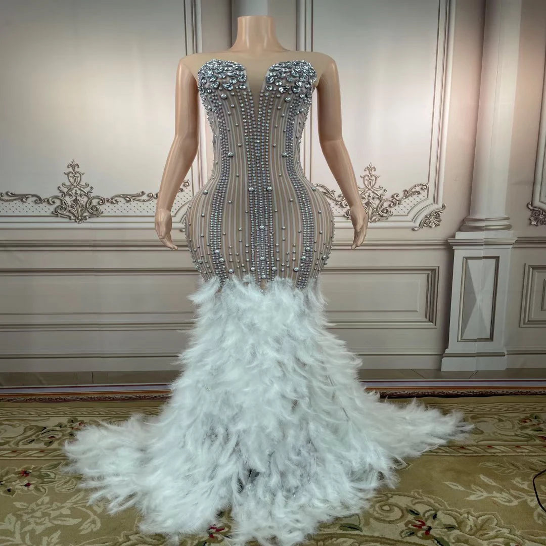 Diamond Luxury Stage Show Dress Feather Sexy Women Pearls Sequins Tassel Sexy Mesh Rhinestone Party Dress Woman Show Dresses