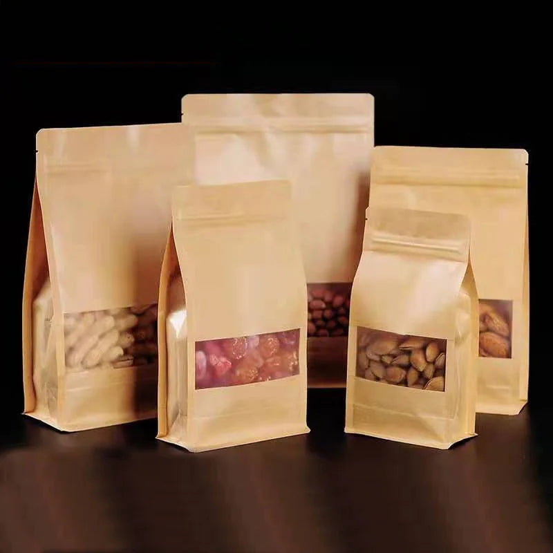 Wholesale Eco-friendly Recyclable Heat Seal Zipper Luxury Food Packaging Ziplock Drip Brown Kraft Paper Empty Bulk Beans Pizza