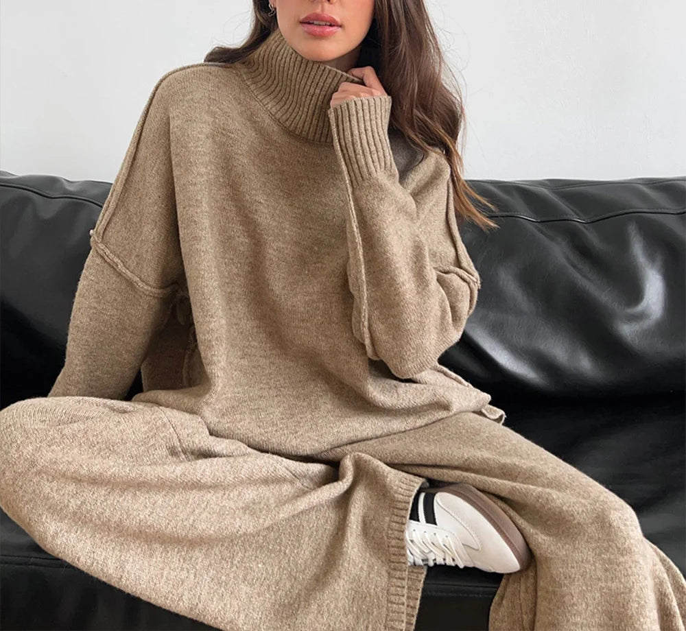 Enyami Turtleneck Pullover Sweater Pants 2 Pieces Knitted Casual Knitted Sweatshirt Women Loungewear Trousers Suit Winter Set