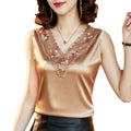New Fashion Women Shirt V Neck Stitching Satin Lace Blouse Summer Flower Mesh Tops Blusa Feminina