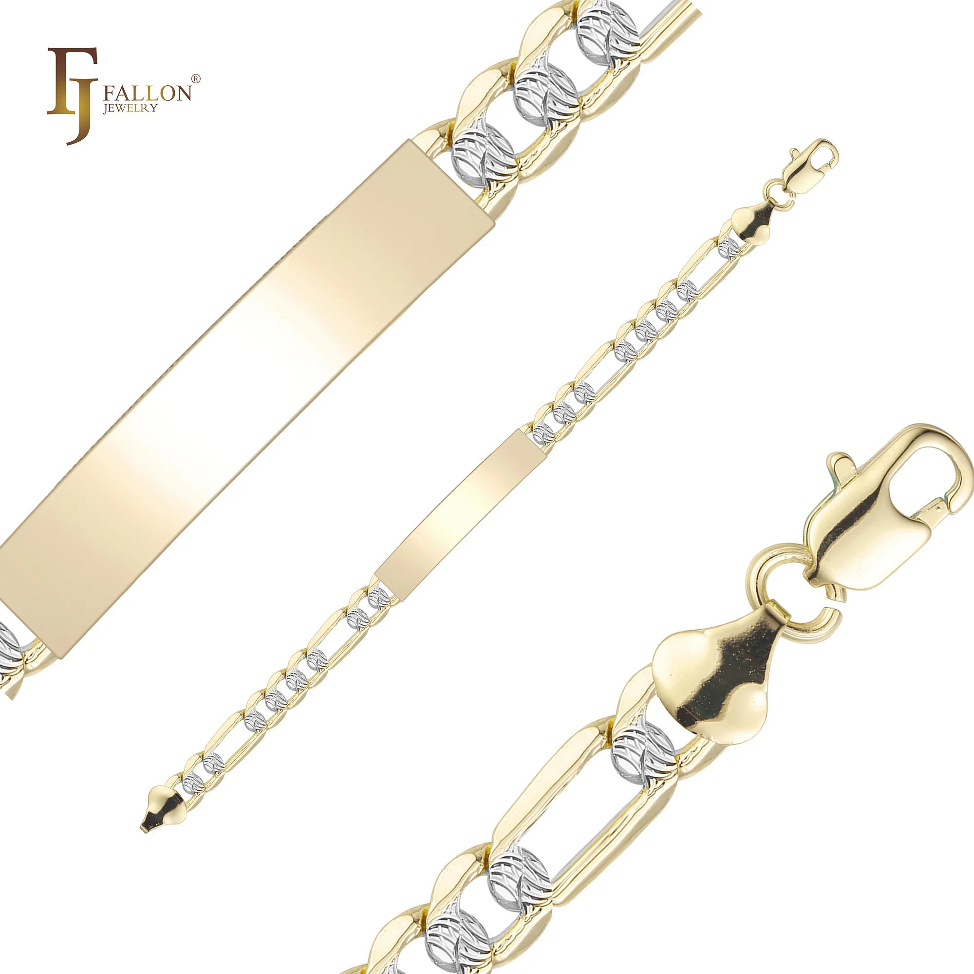 6mm FJ Fallon Fashion Jewelry Figaro Link Engraveable ID Bracelets Plated in 14K Gold Two Tone Split