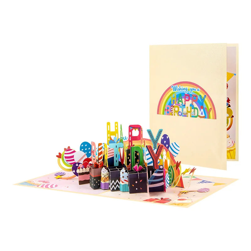 New Arrival Pop up 3D Paper Rainbow Colors Wish you a Happy Birthday Greeting Cards With Envelpe for Birthday Party Supplies