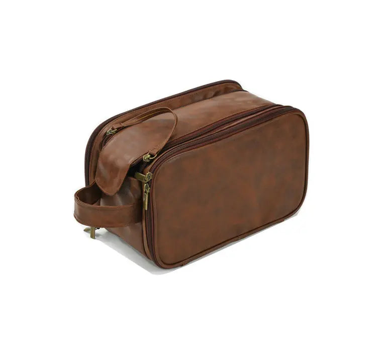 Portable Double Zipper PU Leather Travel Organizer Large Fashionable Toiletry and Cosmetic Bag Pouch Case for Men and Women