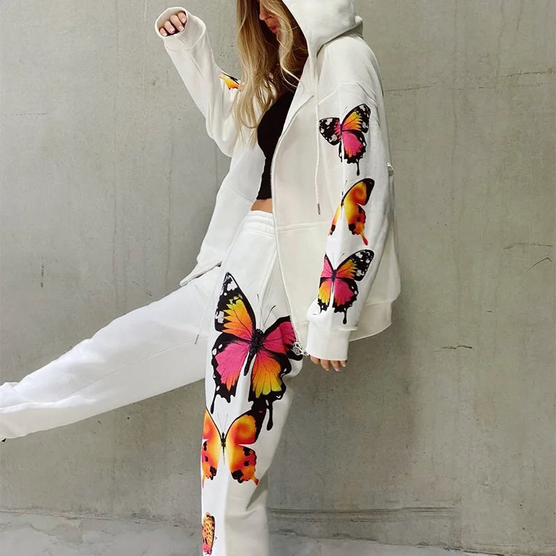 Hot Style Butterfly Print Outfit Suit Long Sleeved Sweatsuits for Women Hooded Zipper Casual Sweater Suit
