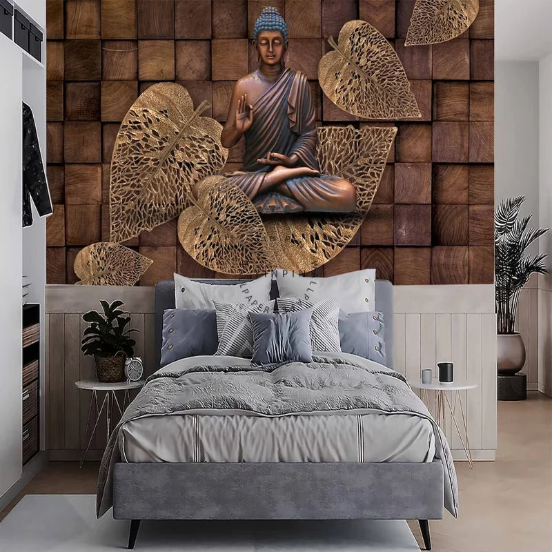 3D Buddha Modern Waterproof Moisture-Proof Anti-Static Silk Wallpaper with Wooden Cube Background Mural for Living Room