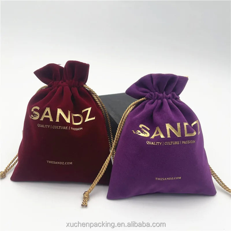 Custom Gold Stamping Logo Velvet Jewelry Cosmetics Pouch Drawstring Pocket Small Storage Bag