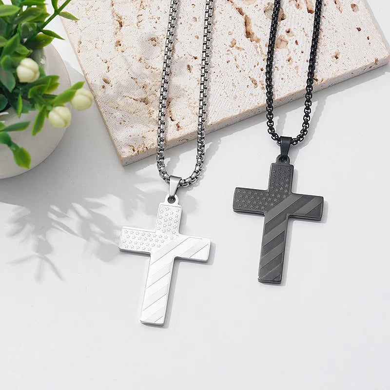 New Style Stylish Stainless Steel American Flag Cross Pendant Necklace Jewelry for Men Father's Day Gifts