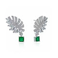 Fine Diamond Stud Earring Green Emerald Feather Earrings in Sterling Silver
