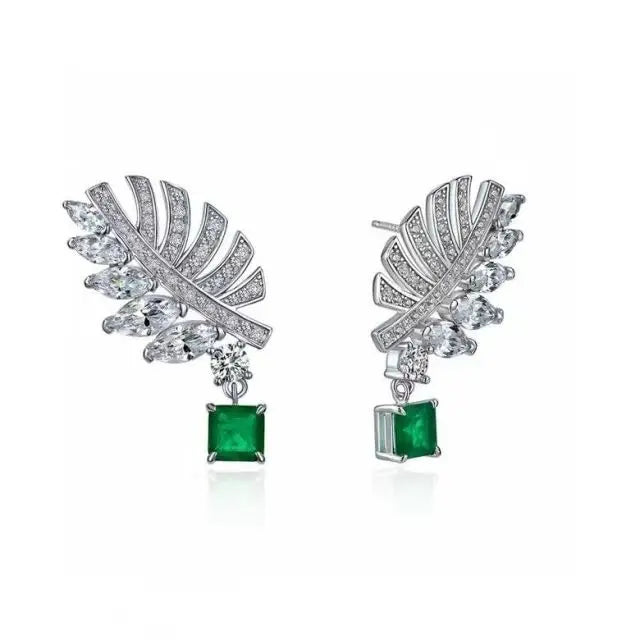 Fine Diamond Stud Earring Green Emerald Feather Earrings in Sterling Silver