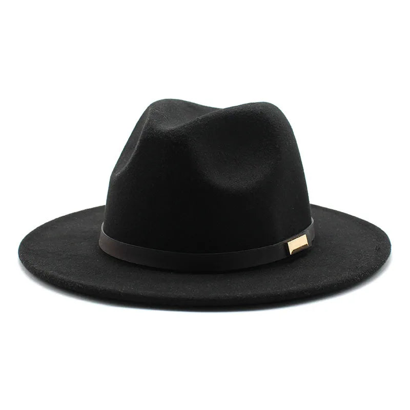 Vintage Flat Brim Felt Fedora Cap Jazz Panama Winter Cap Classic Fedora Hats With Black Leather Belt