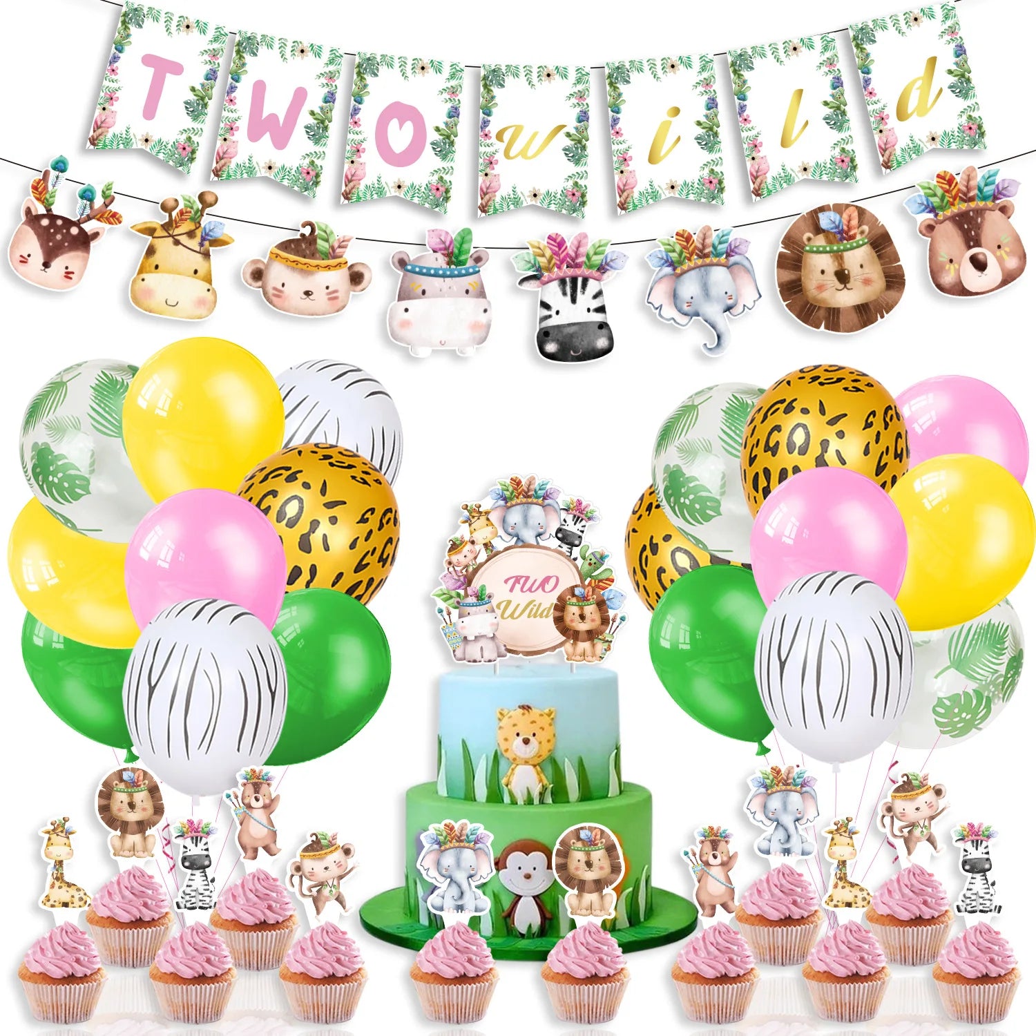 Flower Jungle Theme Party Set Birthday Banner Cake Topper Balloon Bohemian Style Party Decoration
