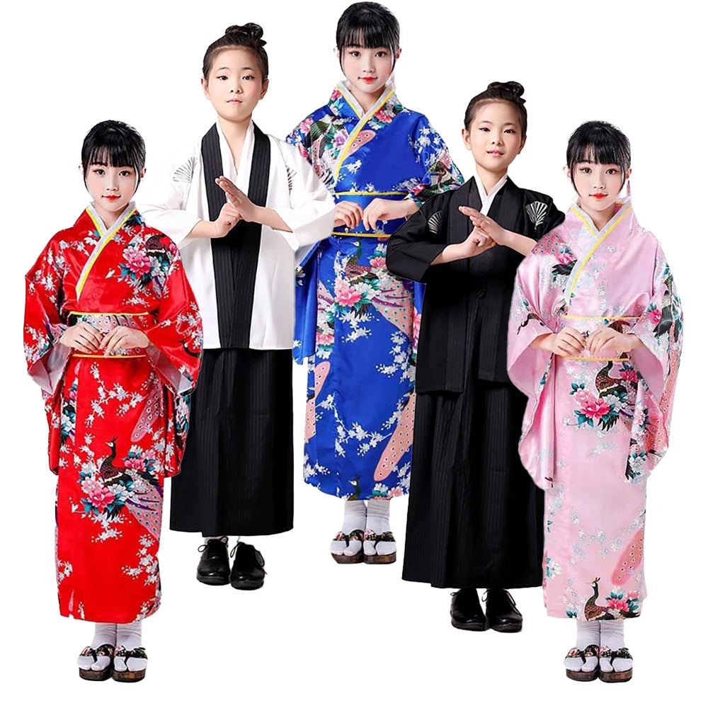 Traditional Peacock Flower Long Japanese Kimono Kids Dress Yukata Haori Costume TRAD-001