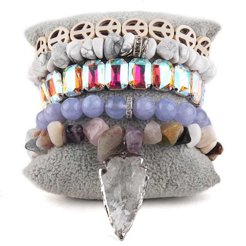 5pcs Bohemian Style Handmade Jewelry Natural Stone Crystal Glass Alloy Gravel Bracelet Arrow Pendant Stacked Bracelet