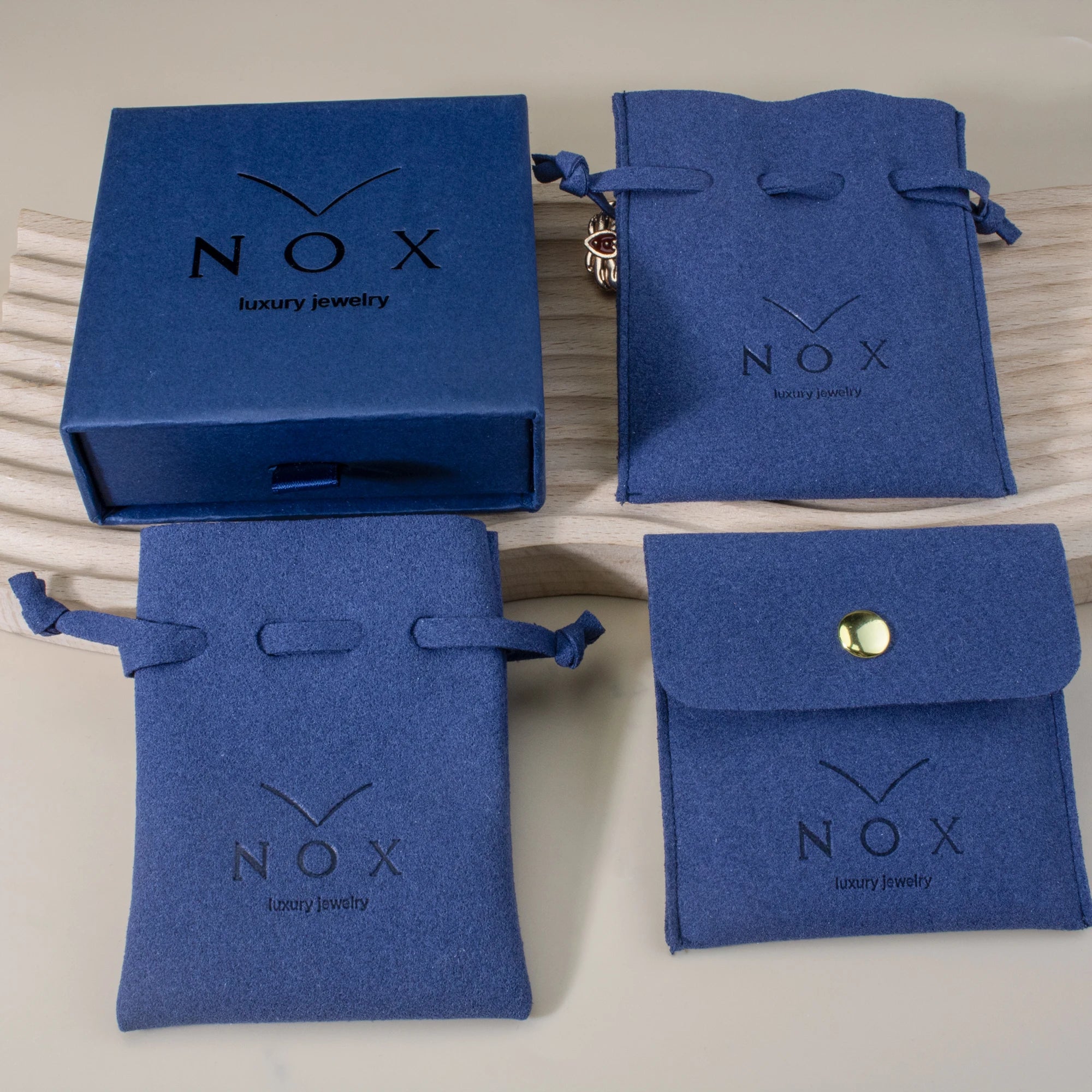 Custom Deep Blue Jewelry Box Pouch Logo Printed Packaging Bag for Bracelet Necklace Earring Jewelry Storage