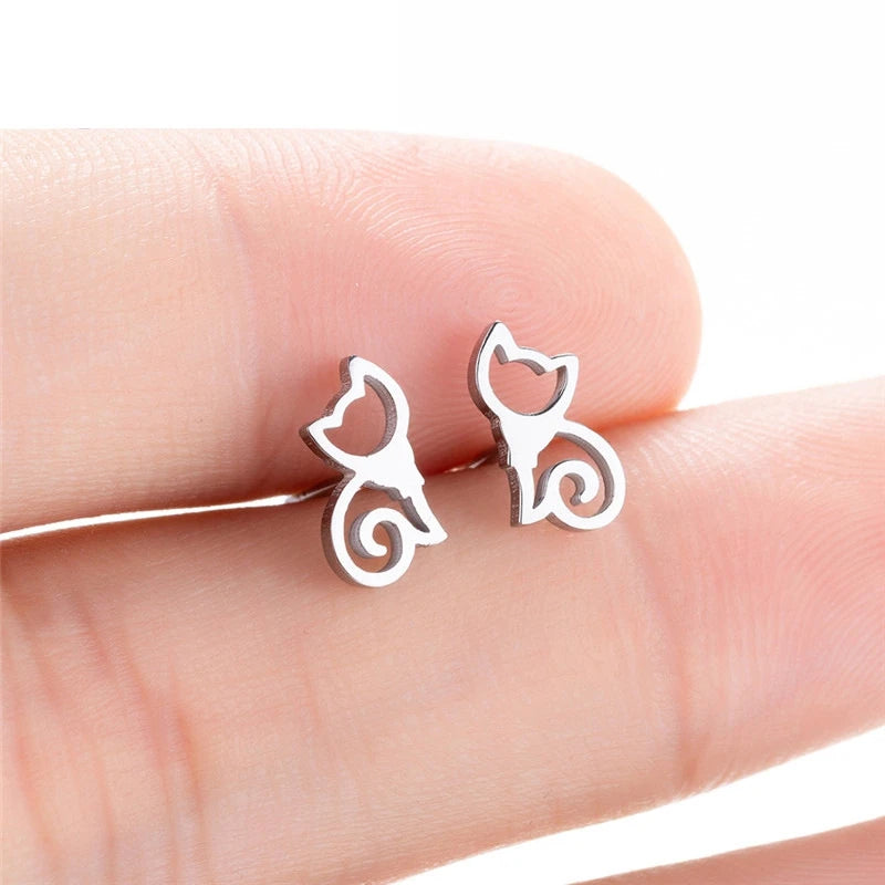 Cute Non Tarnish Silver 18K Gold Plated Stainless Steel Cat Stud Earring for Women