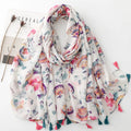 New Design Fancy Plain White Cotton Voile Feelings Muslim Hijabs Elegant Women Soft Flower Printed Head Wraps Shawls With Tassel