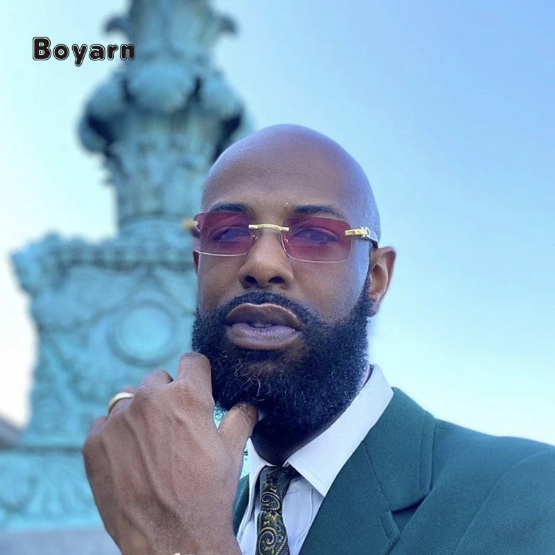 Boyarn Rimless Wooden Temple PC Lens Vintage Fashion Sunglasses for Men Women Eyewear