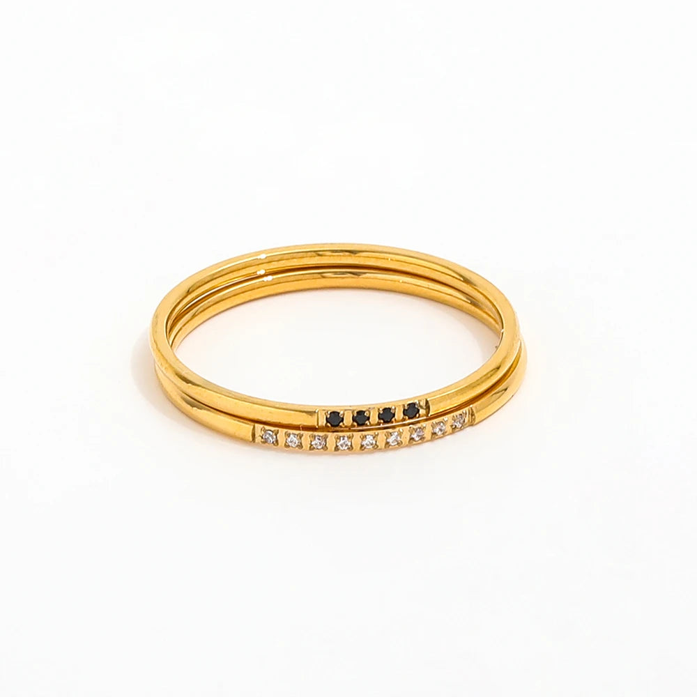 Fenny 18K Gold Plated Stylish Versatile Super Fine 10 Black & White Zirconia Fold Wear Stainless Steel Ring for Women
