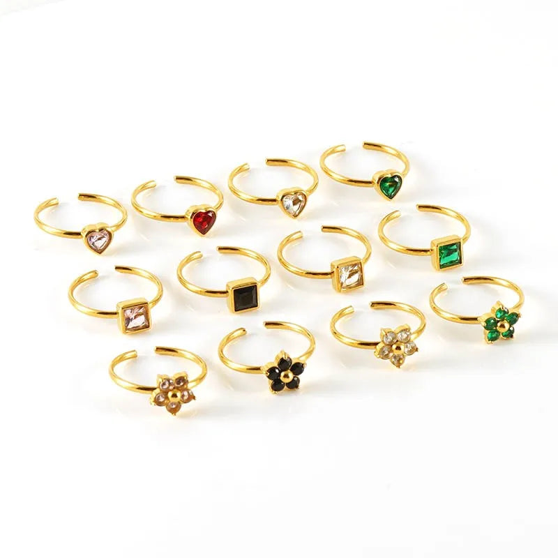 Wholesale Fashion Colorful Stainless Steel Ring Square Heart Shaped Flower Design 18K Rings for Women