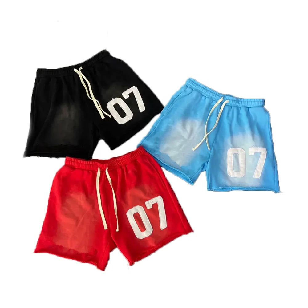 KY Street Wear Summer Shorts Unisex Sweat Applique Embroider Washed Sweat Shorts With Raw Edge