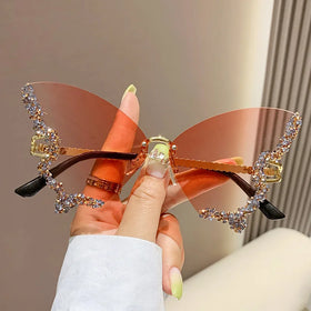 9933 New Rimless Rhinestone Butterfly 2024 Sun Glasses With Diamonds Metal Fashion Butterfly Sunglasses Women
