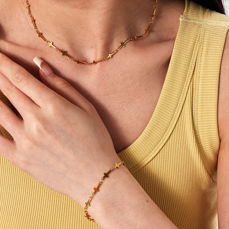 Statement Titanium Stainless Steel 18K Gold Plated Multi Cross Bracelet Necklace Set for Women Girls