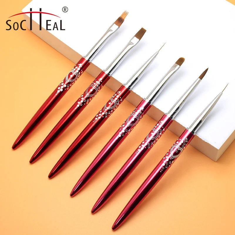 Private Label Custom Gradients Red Metal Handle Nail Brush Nail Art Painting Pen Nylon Hair UV Gel Brush Acrylic Nail Brush Set