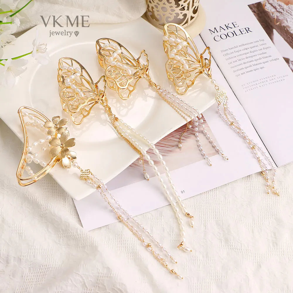 VKME  New Jewelry Trend Fashion Pearl Butterfly Fringe Claw Hair Clips for Women