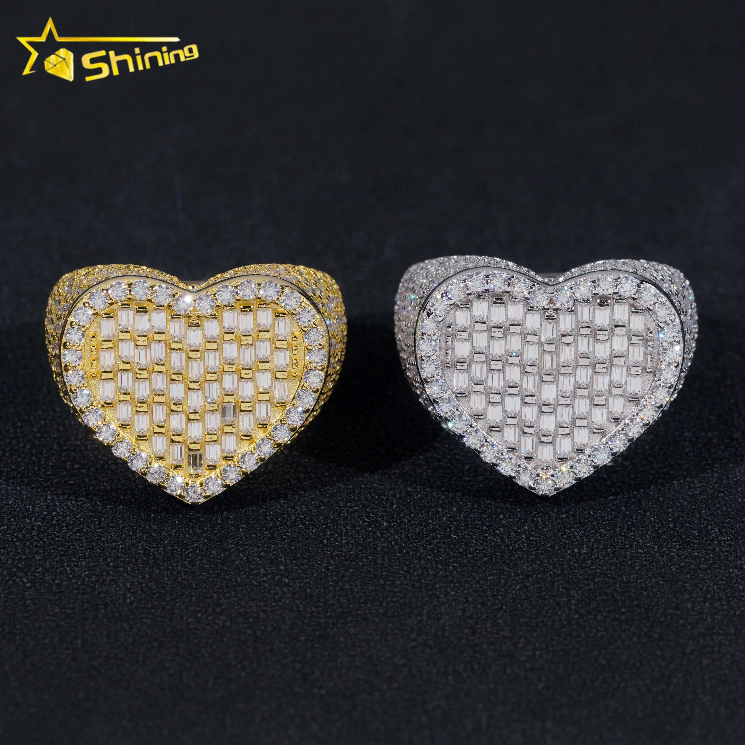 Hip Hop Jewelry Luxury Baguette Diamond Heart Iced Out Moissanite 925 Sterling Silver Ring for Men