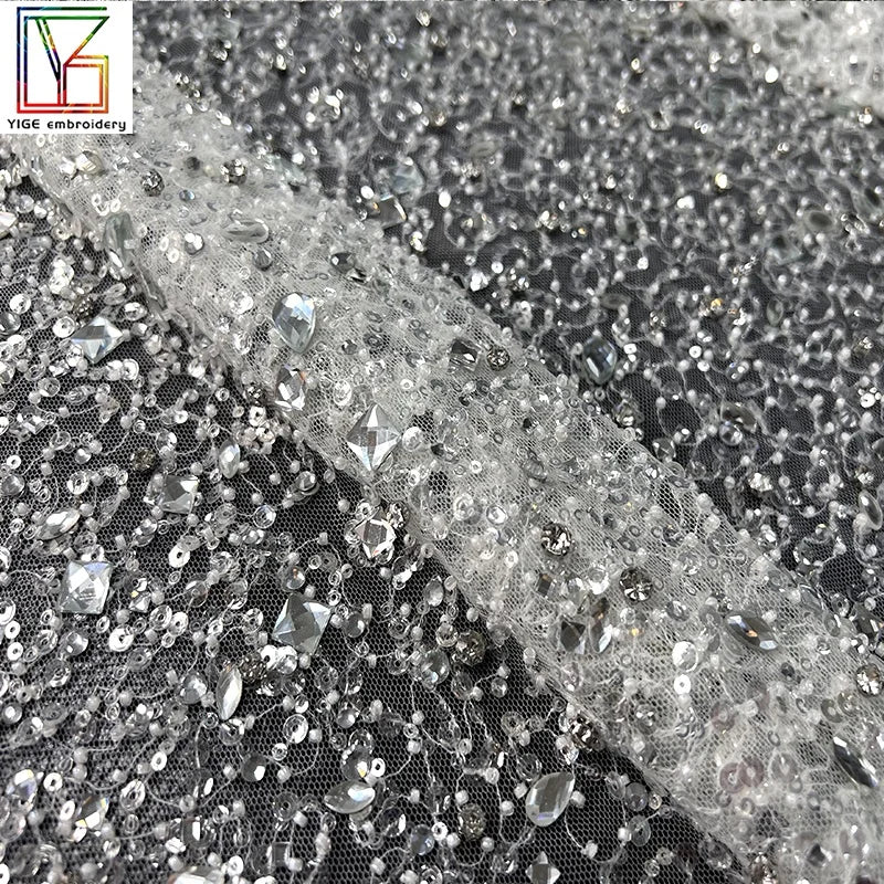 Luxury Beaded Lace Sparkli Bridal Rhinestones Sequins Tulle and Party Dress Embroidery Rhinestone Crystal Beads Heavy Fabric