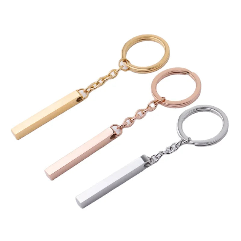 High Quality Custom Logo 3D Strip Bar Stainless Steel Keychain Cuboid Key Pendant in Bar Stick Shape Stylish Fashionable Gift