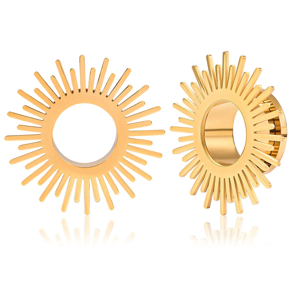 Creative Design Gold Plated Stainless Steel Ear Tunnel Sunburst Ear Plug for Ladies Wedding Engagement Piercing Jewelry