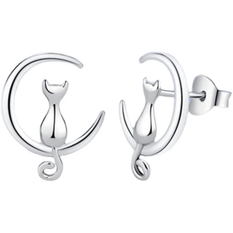 FY-ED544 925 Sterling Silver New Fashion Cat on the Moon Design Stud Earrings for Women Handmade Simple Korean Style Ear Jewelry