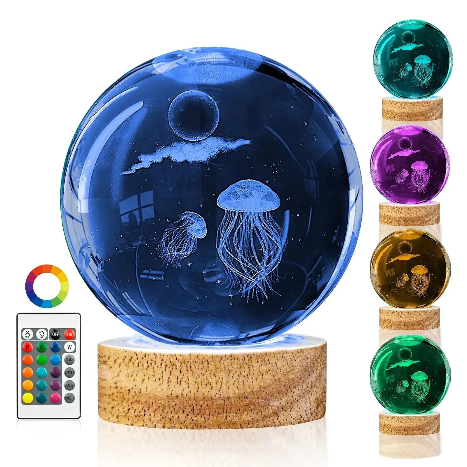 Lovely Children Birthday Gift 60mm Crystal Ball With 3D Laser Engraved Jellyfish With Led Base for Room Night Light
