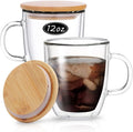 Double-Walled Insulated Glass Coffee Mugs with Bamboo Lids for Cappuccino Latte Tea Espresso Beverages Cocktail Glasses