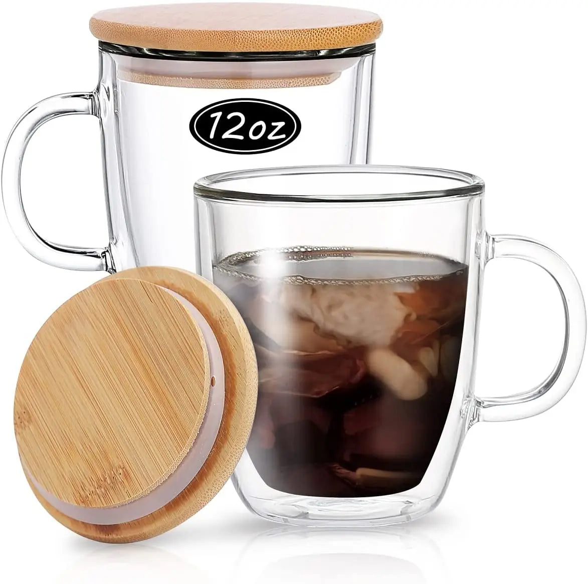 Double-Walled Insulated Glass Coffee Mugs with Bamboo Lids for Cappuccino Latte Tea Espresso Beverages Cocktail Glasses
