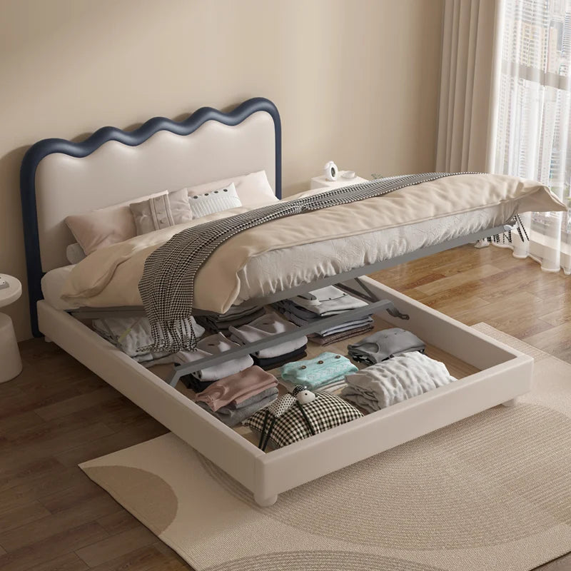 Tatami Fashion Quiet Soft Bedroom Wooden Furniture Solid Wood Leather Upholstery Storage Box with Drawers Beds Kid's  Furniture