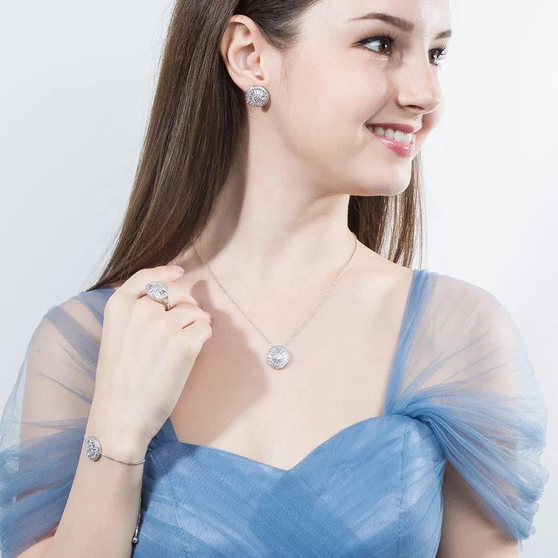 Geometric Simple Design Round Diamond Wedding Jewelry Zircon Bridal Wedding 4pc Jewelry Set
