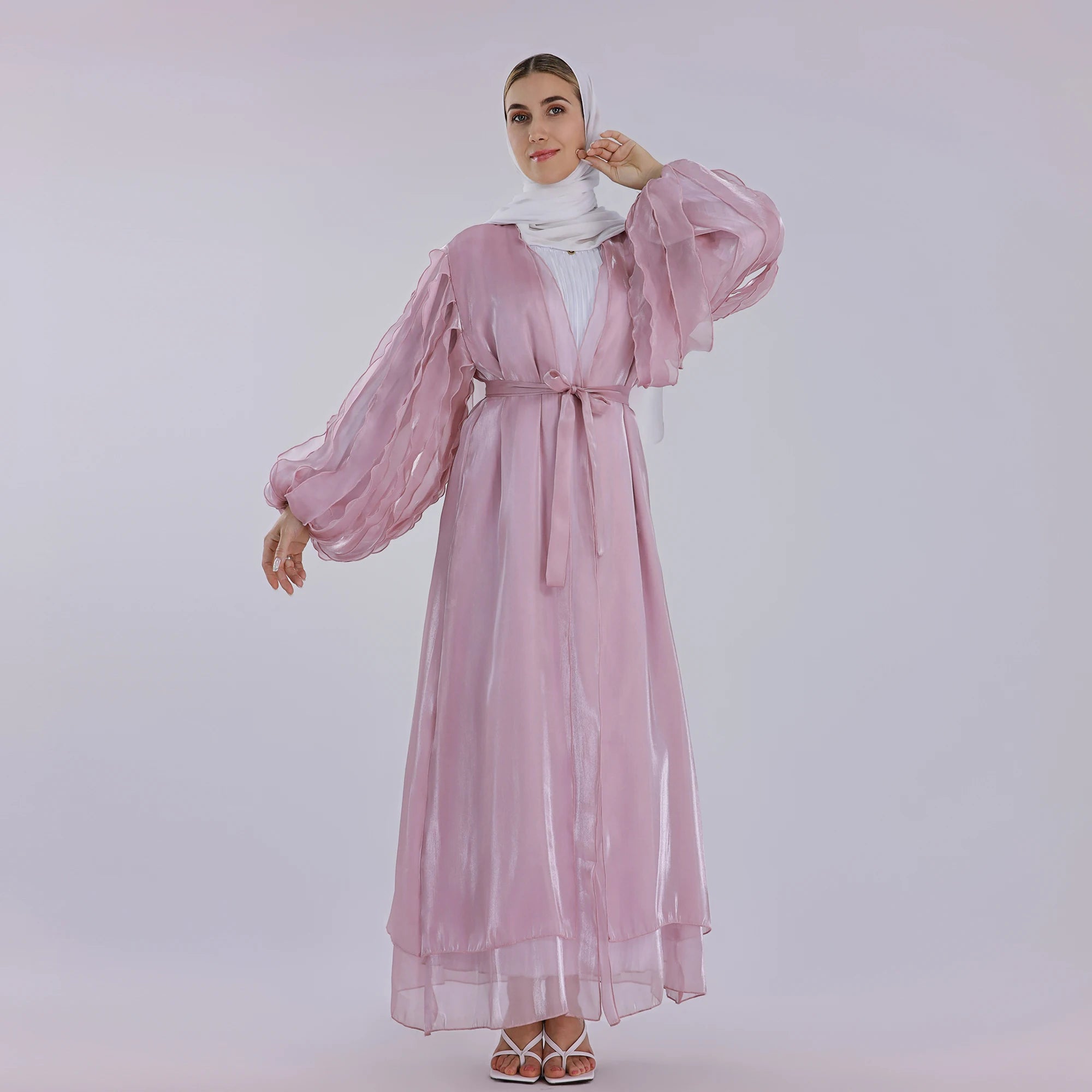 Wholesale Muslim Women Dress Beautiful Organza Outerwear Abaya Fashion Islamic Clothing Front Open Abaya