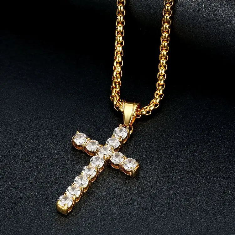 NS1140 Non Tarnished Trendy Stainless Steel Box Chain Necklace Micro Insert Cubic Zirconia Cross Pendant Necklace for Men