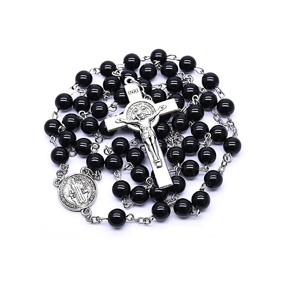 Gothic Popular Black Plastic Beads Cross Rosary Necklace Catholic Rosaries