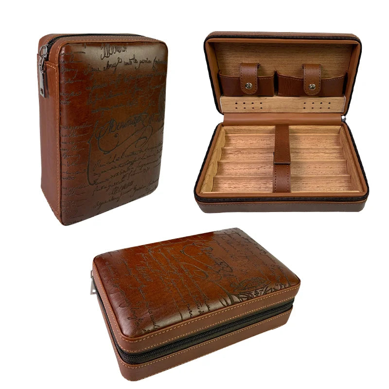 Vanace High Quality Custom Luxury Leather Travel Cigar Humidor Box Cigar Humidor Bag Cedar Wood Tray 4 Pieces Cigar Storage Case