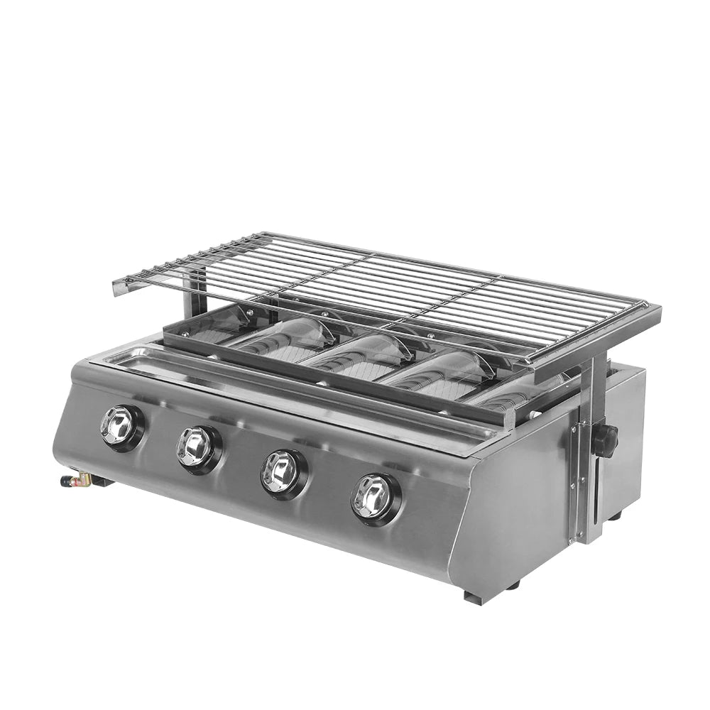 GZKITCHEN Commercial 4 Burners LPG Gas BBQ Outdoor Picnic Barbecue Cooker Stainless Steel Cover Smokeless Home Garden Party